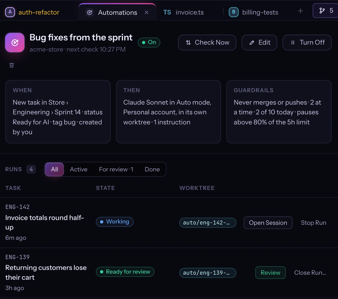 The Automations tab: a rule that is on, what it watches and what Claude does, its guardrails, and its runs at work and for review