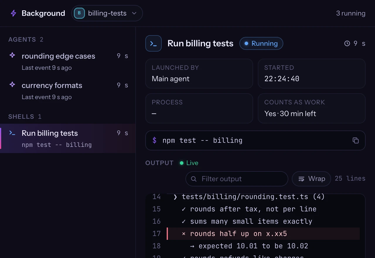 The Background tab of a session: two agents and a test run listed, the test run's output arriving live