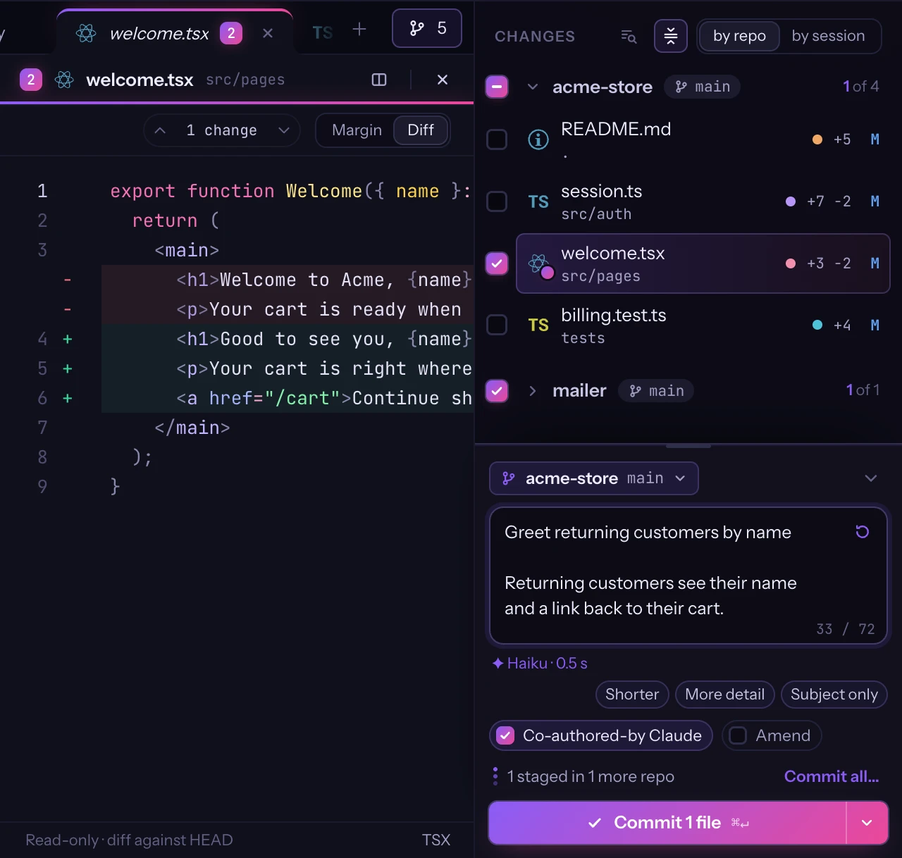 The changed files coloured by session, one staged, and the commit drawer with a message Claude wrote, next to the file's diff