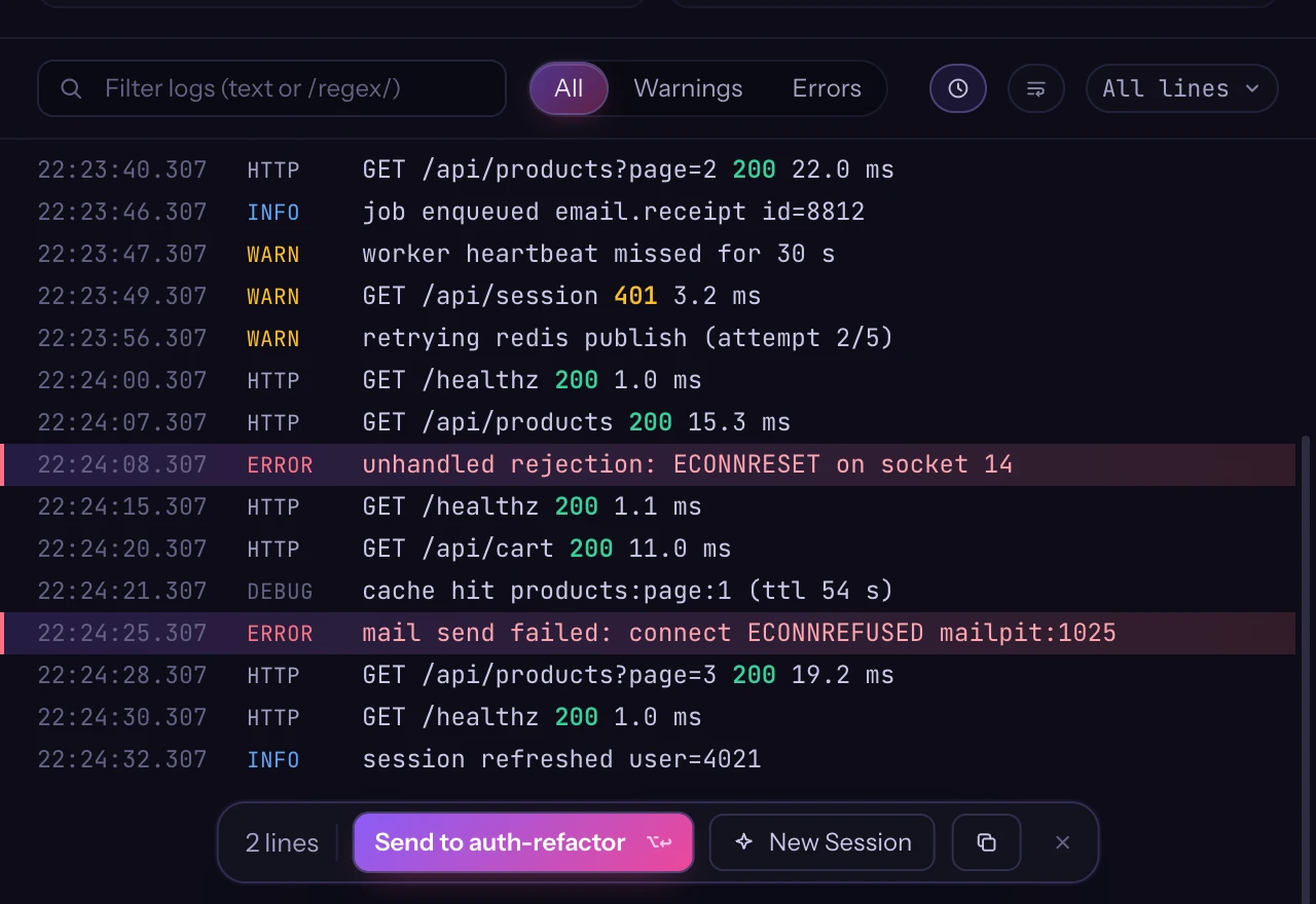 The logs of a Docker container in Atelier: two errors selected, ready to send to a Claude session