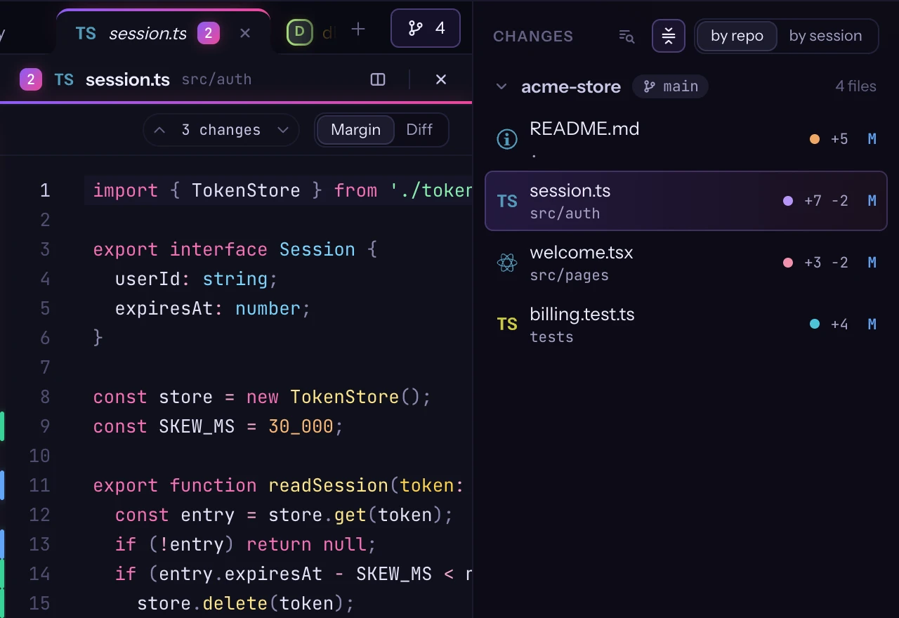 A TypeScript file with its changes marked in the margin, next to the session that made them