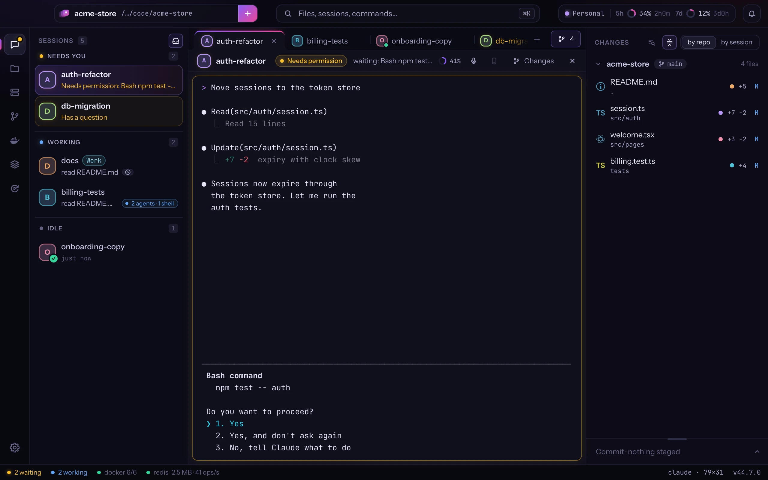Atelier with five Claude Code sessions: one waiting for permission, two working, one done