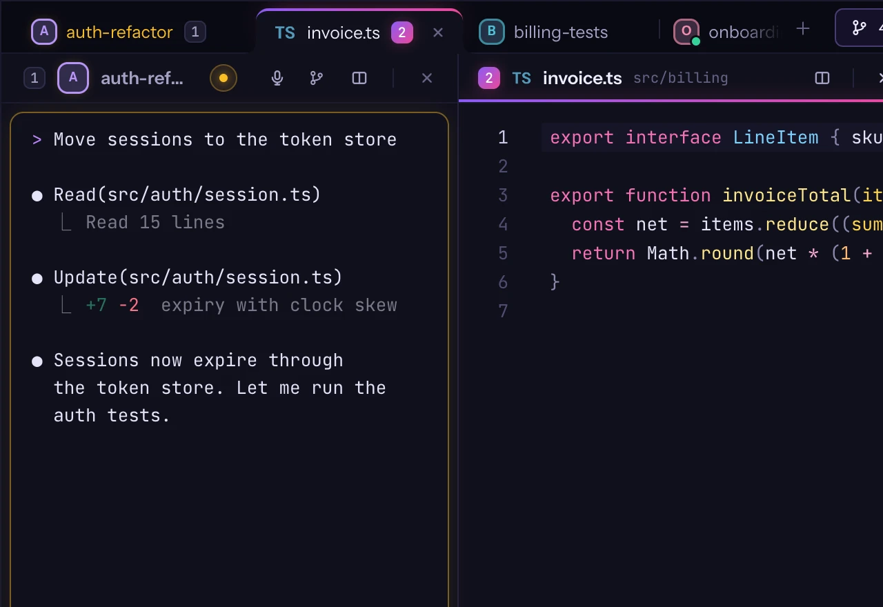 A Claude Code session next to a file in split view